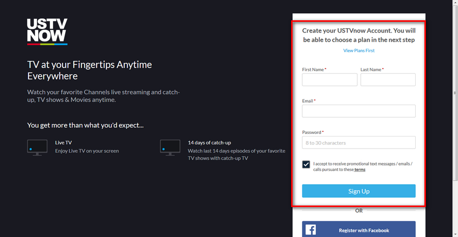 Register Account on USTVNow Website