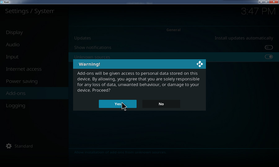 Select Yes from the Warning dialog 