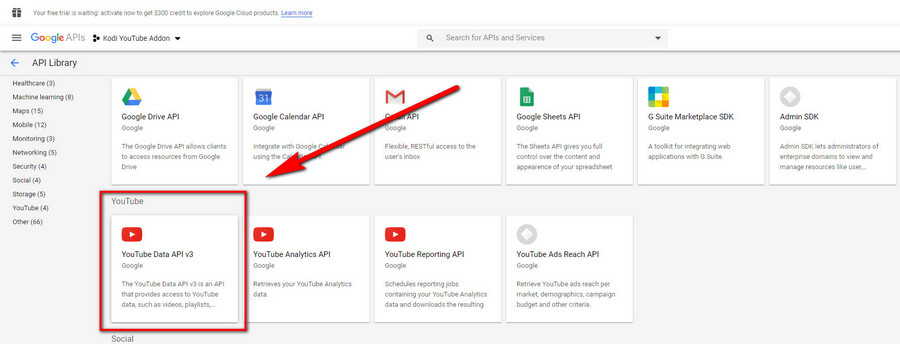 Click on YouTube Data API v3