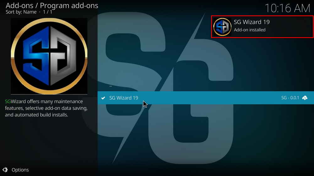 SG Wizard 19 addon installed