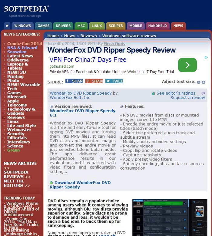 WonderFox DVD Ripper Speedy review article by SOFTPEDIA editor