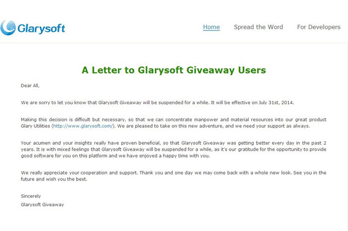 Glarysoft Giveaway announced its temporary closure