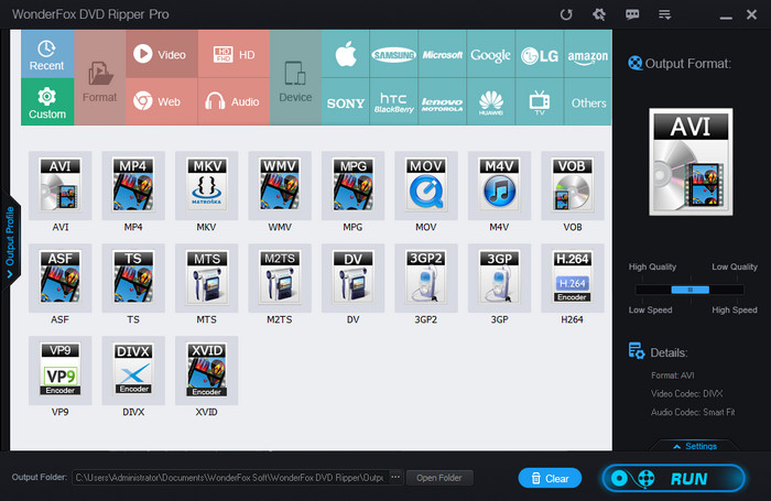 Select the Output Format or Device