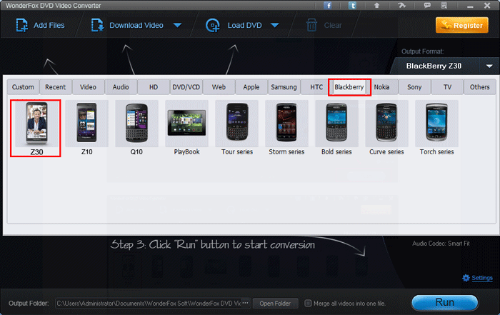 Choose Blackberry Z30 for output video