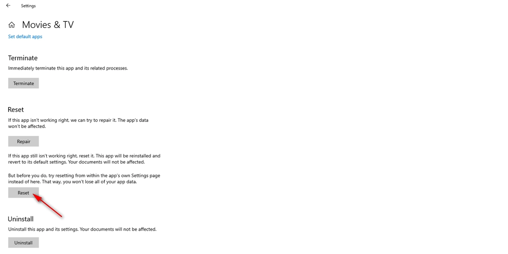 Reset Movies & TV App
