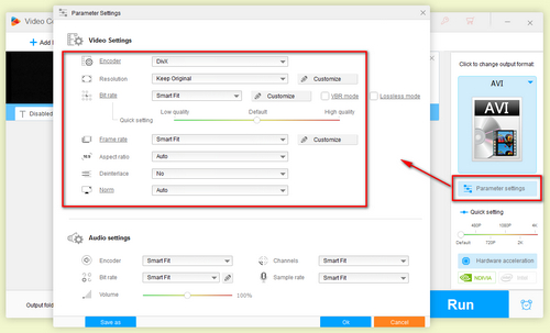 Set the parameter of AVI output format