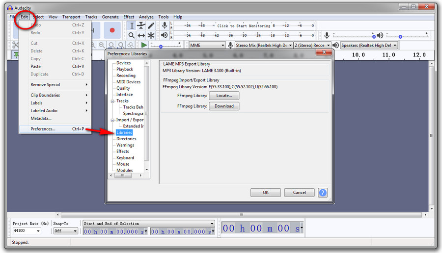 audacity ffmpeg library install