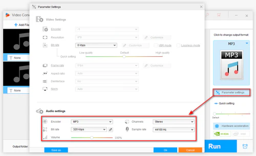 adjust audio bitrate sample rate channels and volume