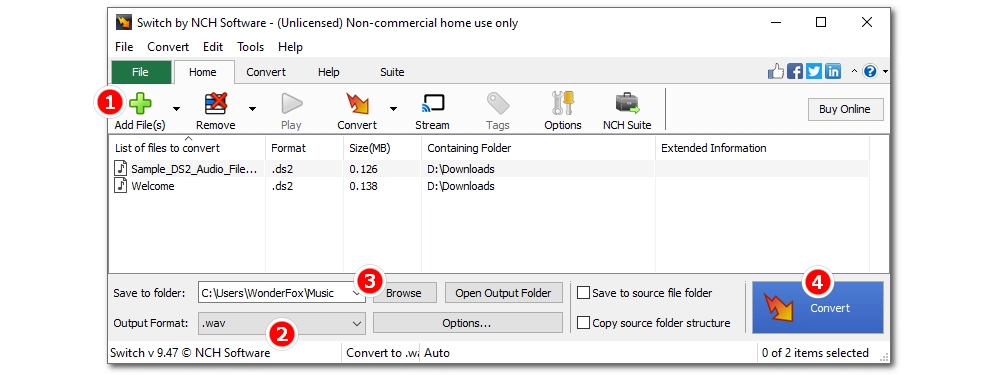 Convert DS2 Audio to WAV with Switch