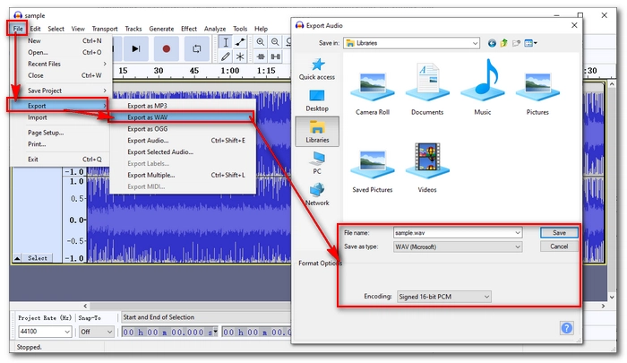 Convert M4A to WAV Audacity