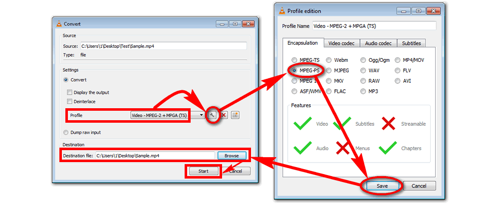 Convert MP4 to MPEG2 in VLC