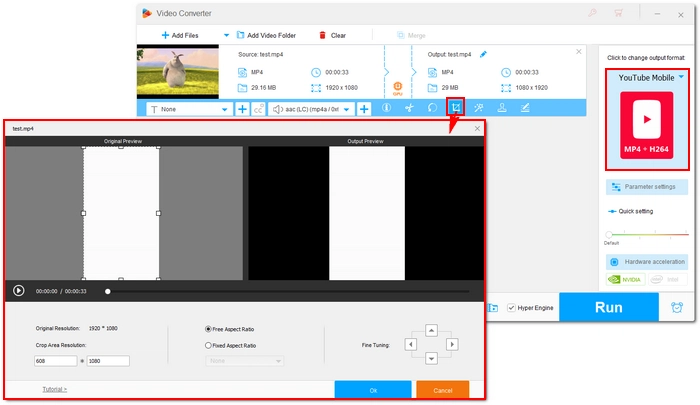 Select YouTube Mobile and Resize Video for YouTube