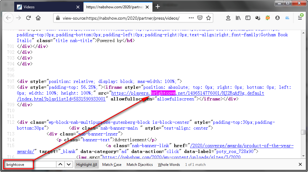 Find Brightcove Video Link in View Page Source