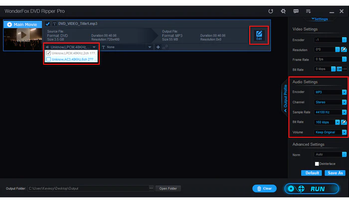 Select Audio Track, Trim, or Adjust Settings