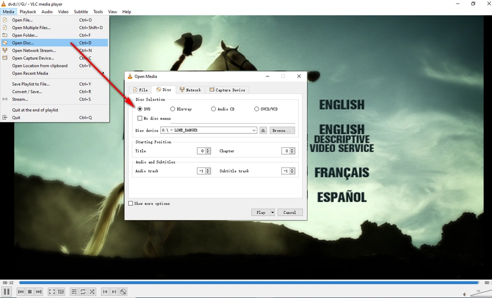 Play DVD in VLC 