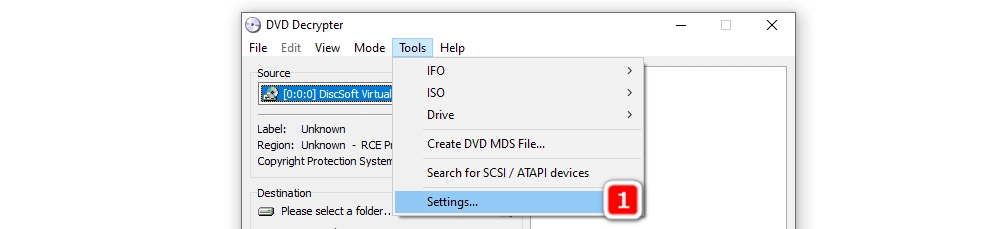 Open DVD Decrypter setting window 