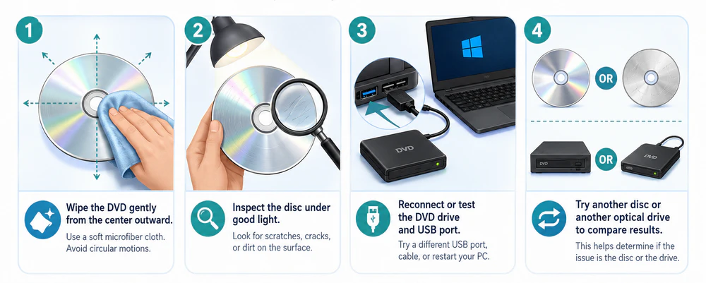 Clean and test a DVD to troubleshoot CRC errors