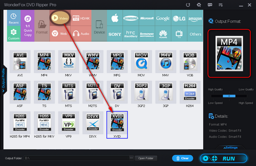 Choose Xvid as the output format