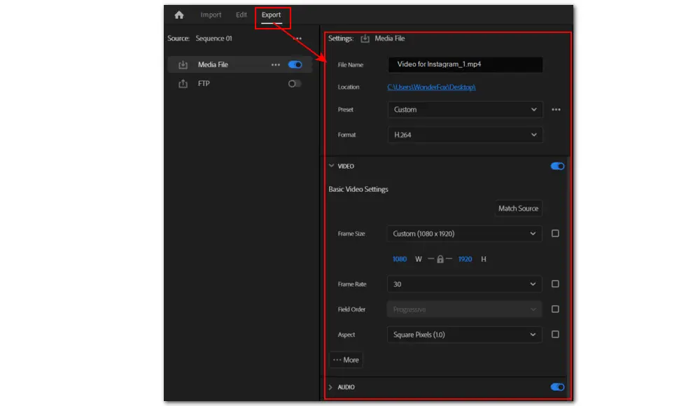 Premiere Export Settings for Instagram