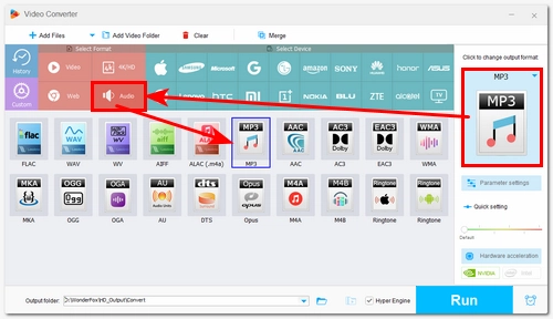 Choose Output Format and pull audio from video