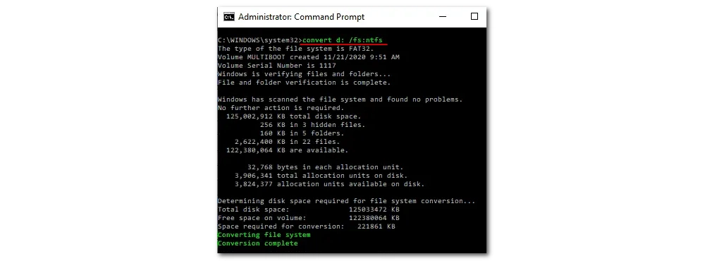 Change FAT32 to NTFS using CMD