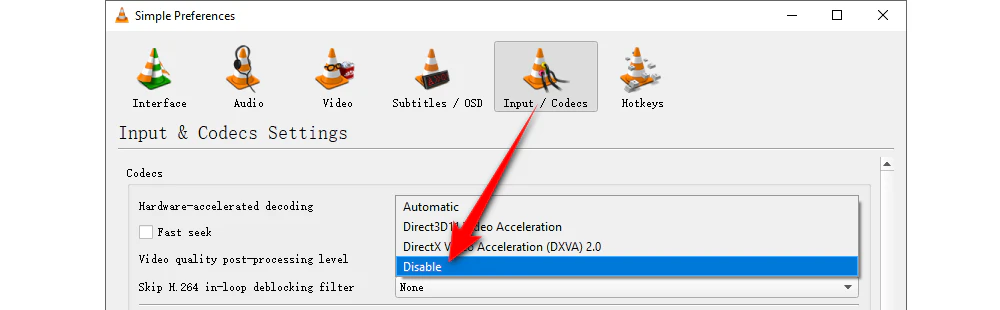 Disable Hardware-Accelerated Decoding in VLC