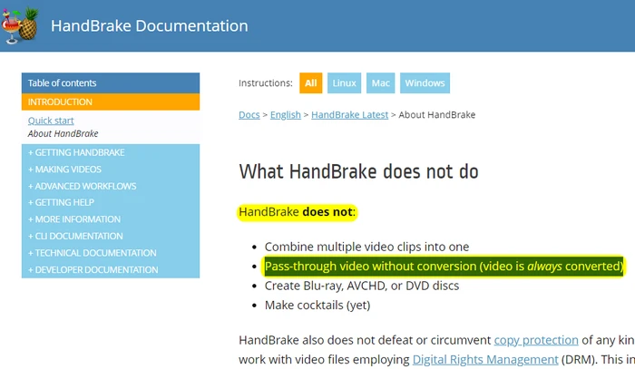 Can HandBrake Pass Thru Video