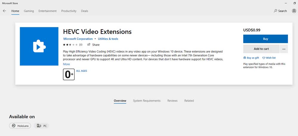 HEVC Video Extension Windows 10