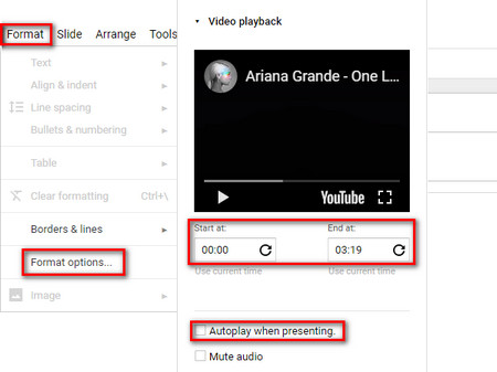 Format setting for music video on Google Slides