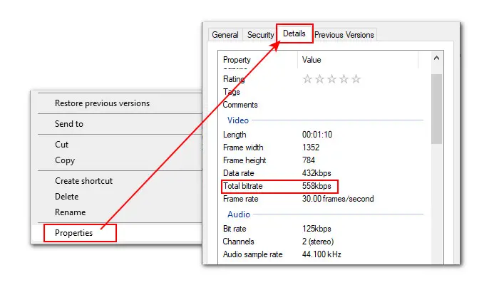 Check Video Bitrate in Properties