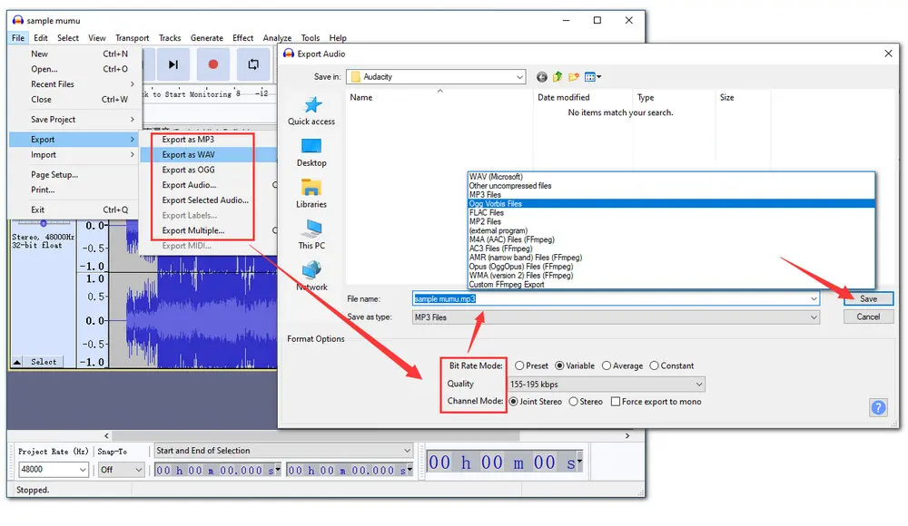 Save the Compressed Audio Files for Email in Audacity