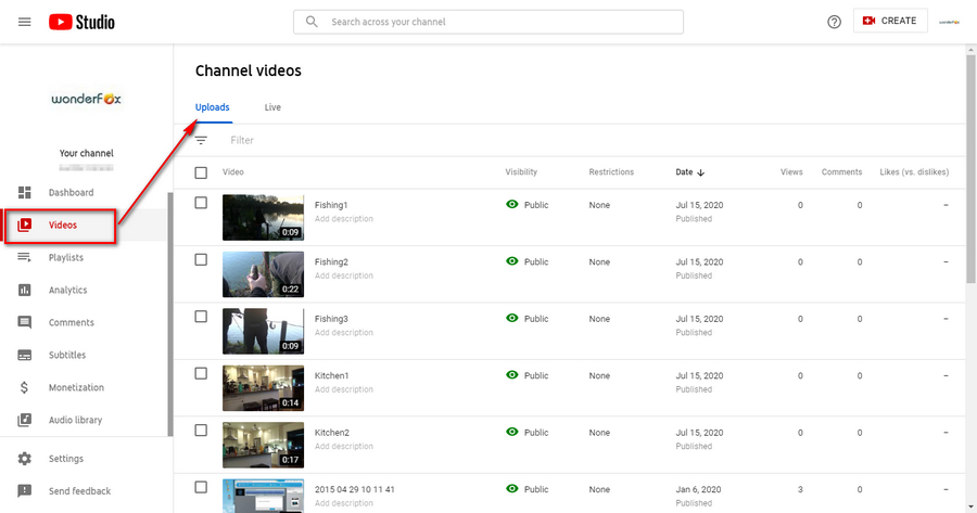 All Uploaded Videos in YouTube Studio