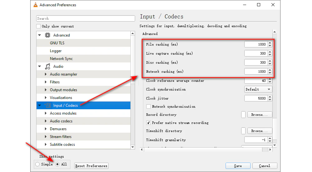 Adjust VLC Caching