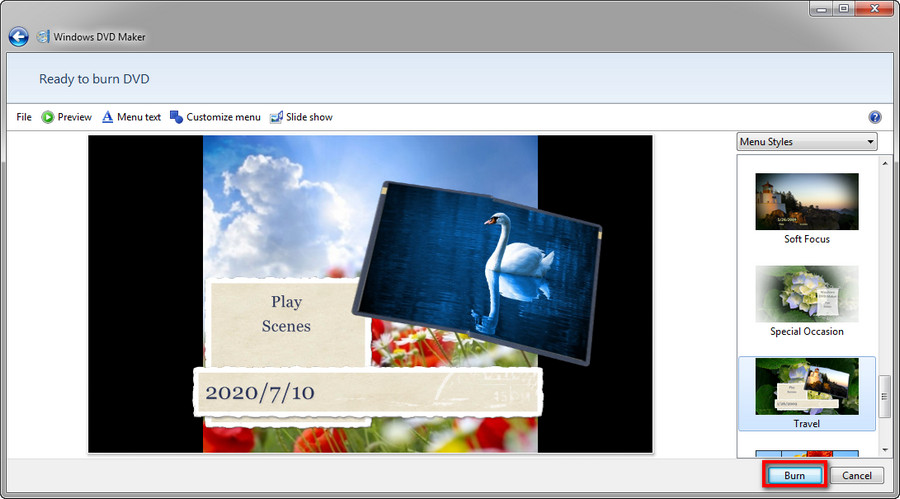 windows media player burn dvd menu