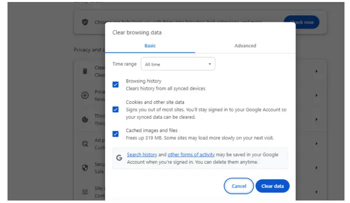 Clear Browser Cookies and Cache