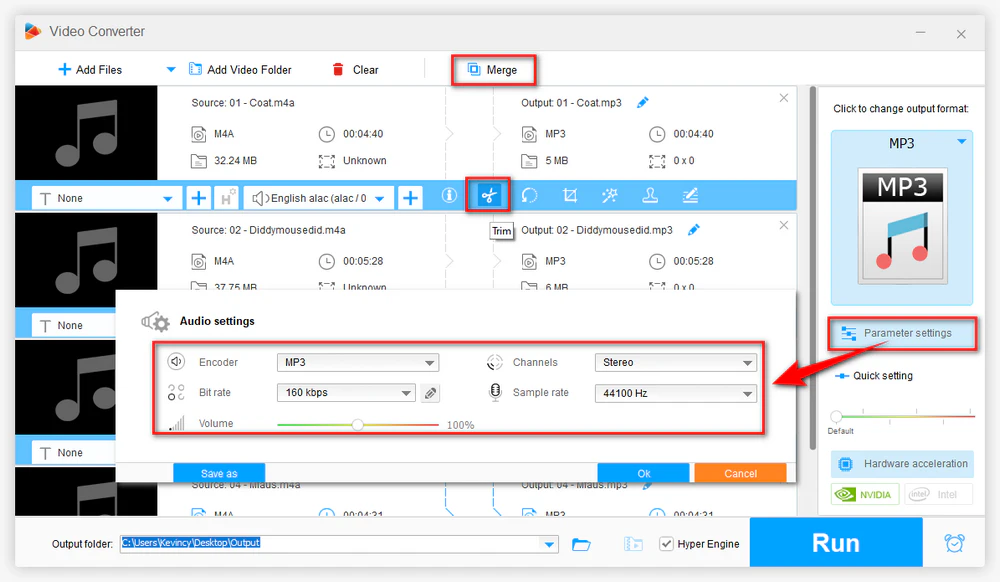 Trim/Merge Audio or Adjust Parameters