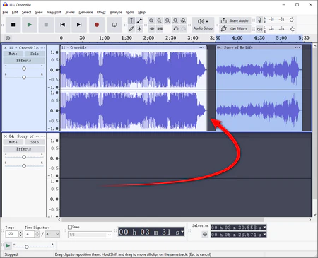 Merge music tracks in Audacity