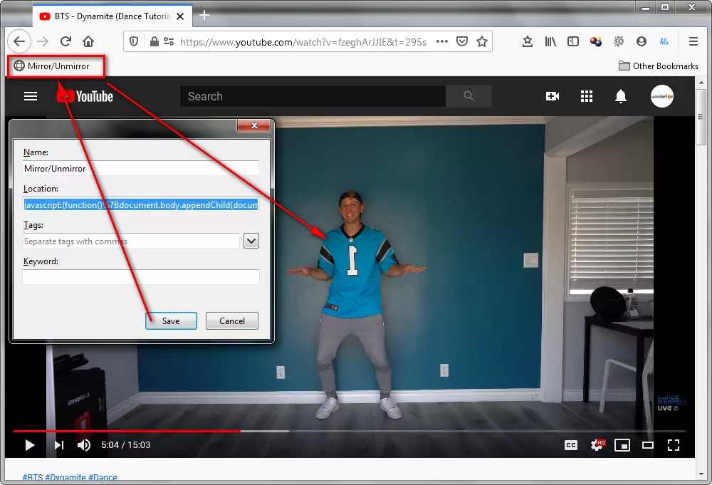 Mirror Flip YouTube Video Using Bookmarklet