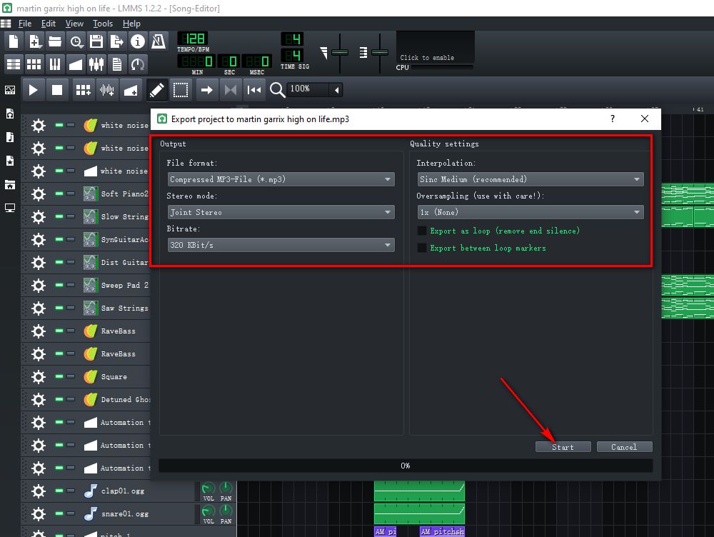 Export LMMS Project File MMPZ to MP3
