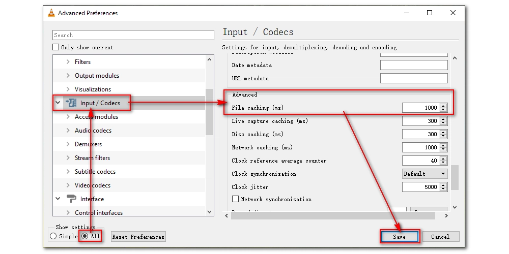 Increase cache values in VLC