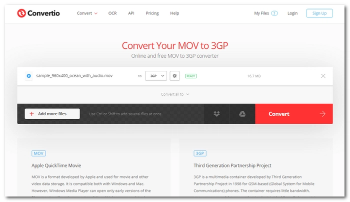 Convert MOV to 3GP using Convertio