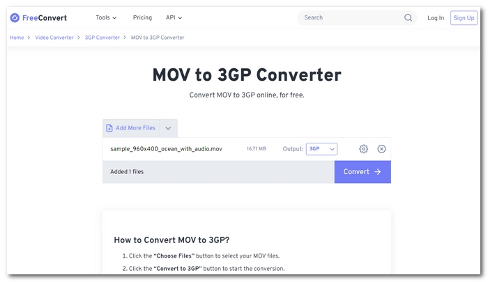 Convert MOV to 3GP using FreeConvert