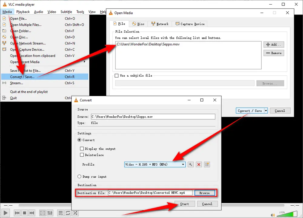 VLC Convert MOV to HEVC