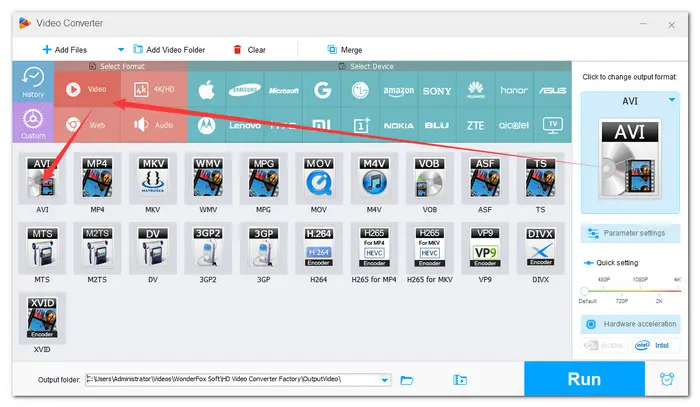 Select the AVI as the output format