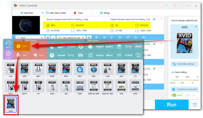 Choose XVID as Output Format