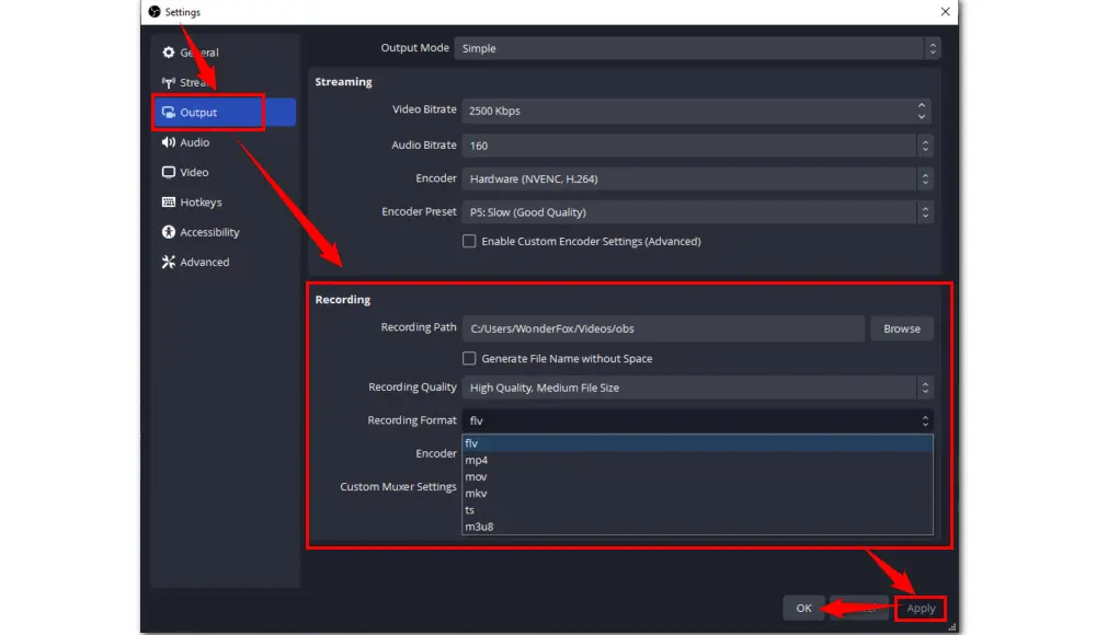 Choose Output Settings for Recording in OBS