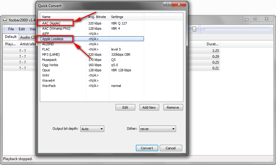 AAC and Apple Lossless Options