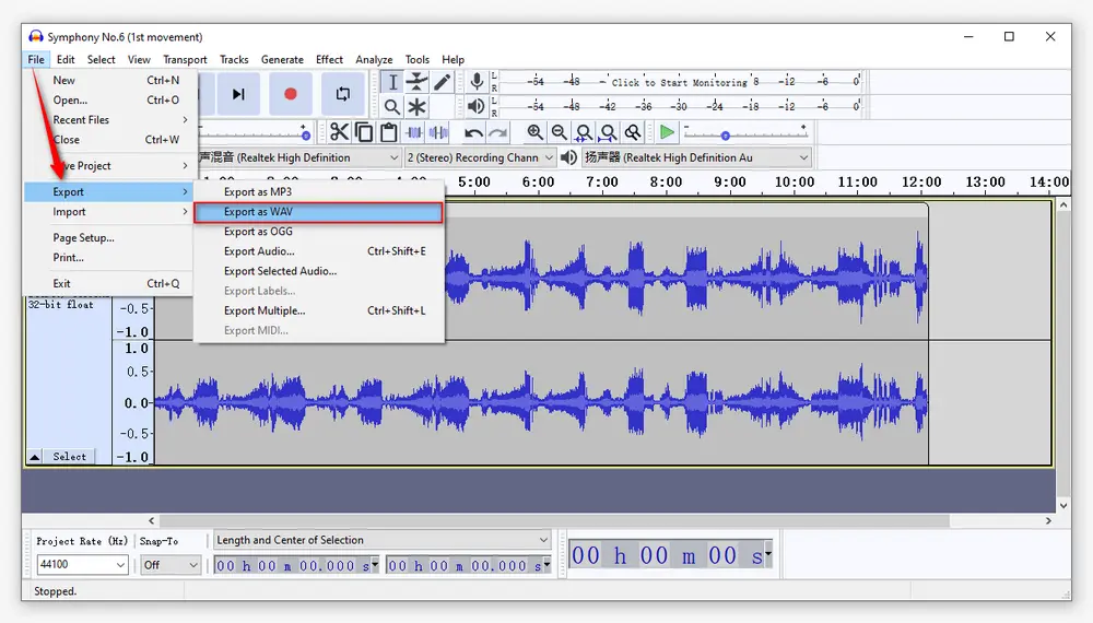 Audacity Convert OGG File to WAV