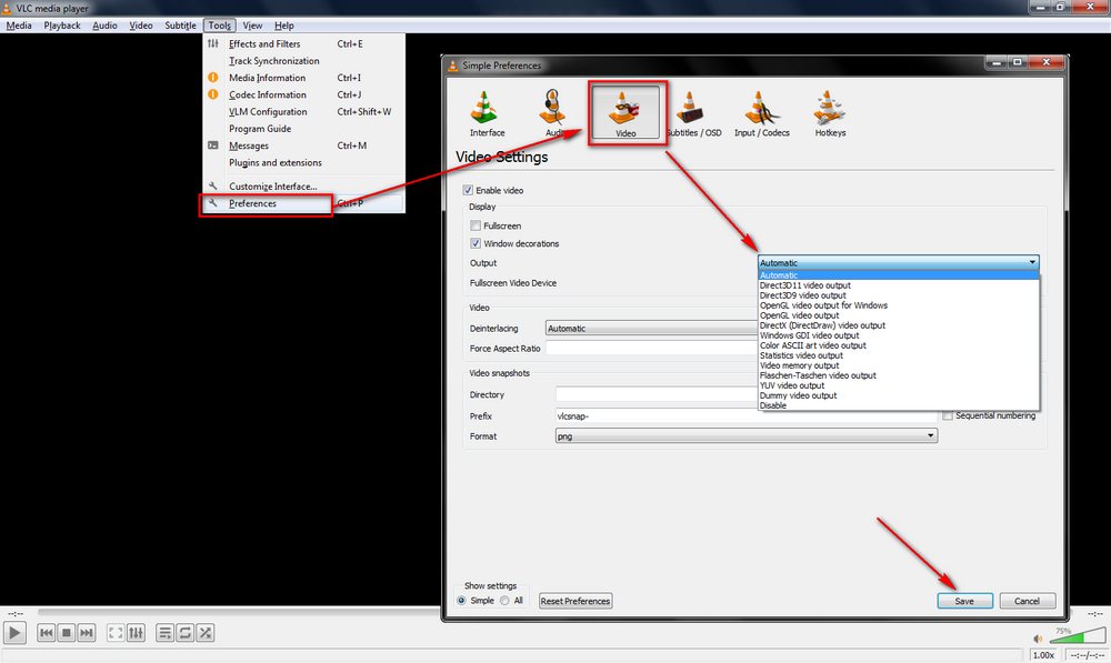 Change VLC Output Setting