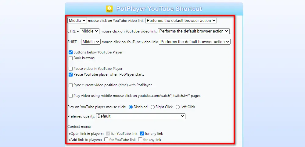 PotPlayer YouTube Shortcut Preferences